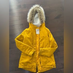 Only brand jacket size XS, beautiful bright yellow. Faux fur on hood.